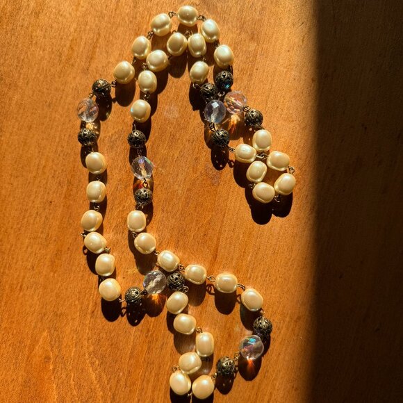 Long costume pearl, rainbow crystal, and brass necklace - Picture 1 of 10